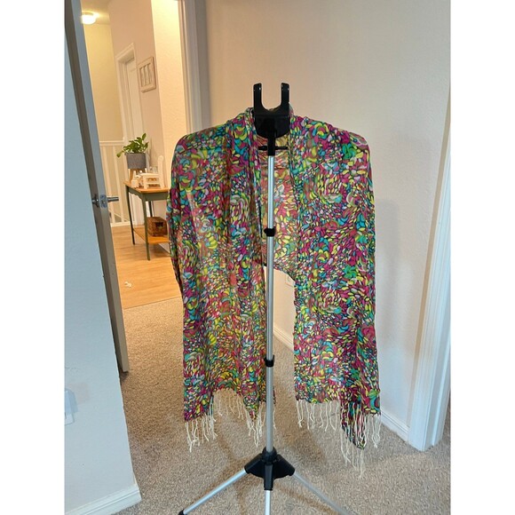 Accessories - Multicolor Stained Glass Mosaic Scarf with White Fringe